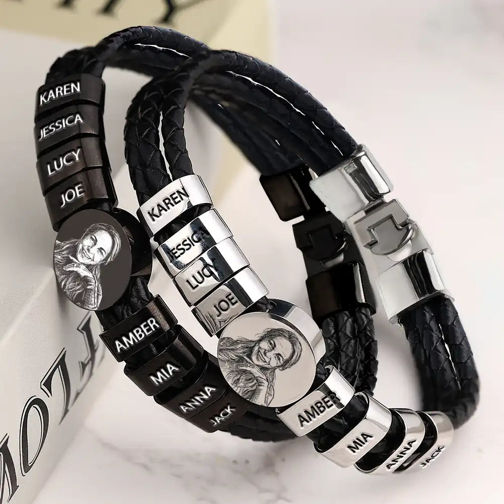 Gift For Father,Gift For Grandpa,Non-Eng,Photo - Pencil Sketch (Bold),Proud - Custom Photo Bold Sketch Best Dad Grandpa Ever Family Portrait - Personalized Leather Braided Bracelet