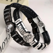 Gift For Father,Gift For Grandpa,Non-Eng,Photo - Pencil Sketch (Bold),Proud - Custom Photo Bold Sketch Best Dad Grandpa Ever Family Portrait - Personalized Leather Braided Bracelet