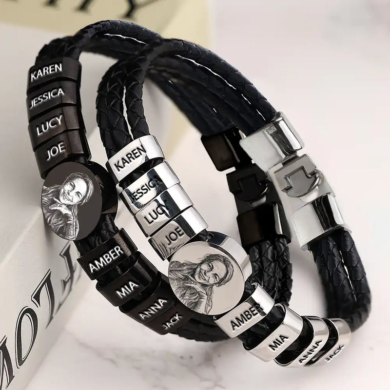 Gift For Father,Gift For Grandpa,Non-Eng,Photo - Pencil Sketch (Bold),Proud - Custom Photo Bold Sketch Best Dad Grandpa Ever Family Portrait - Personalized Leather Braided Bracelet