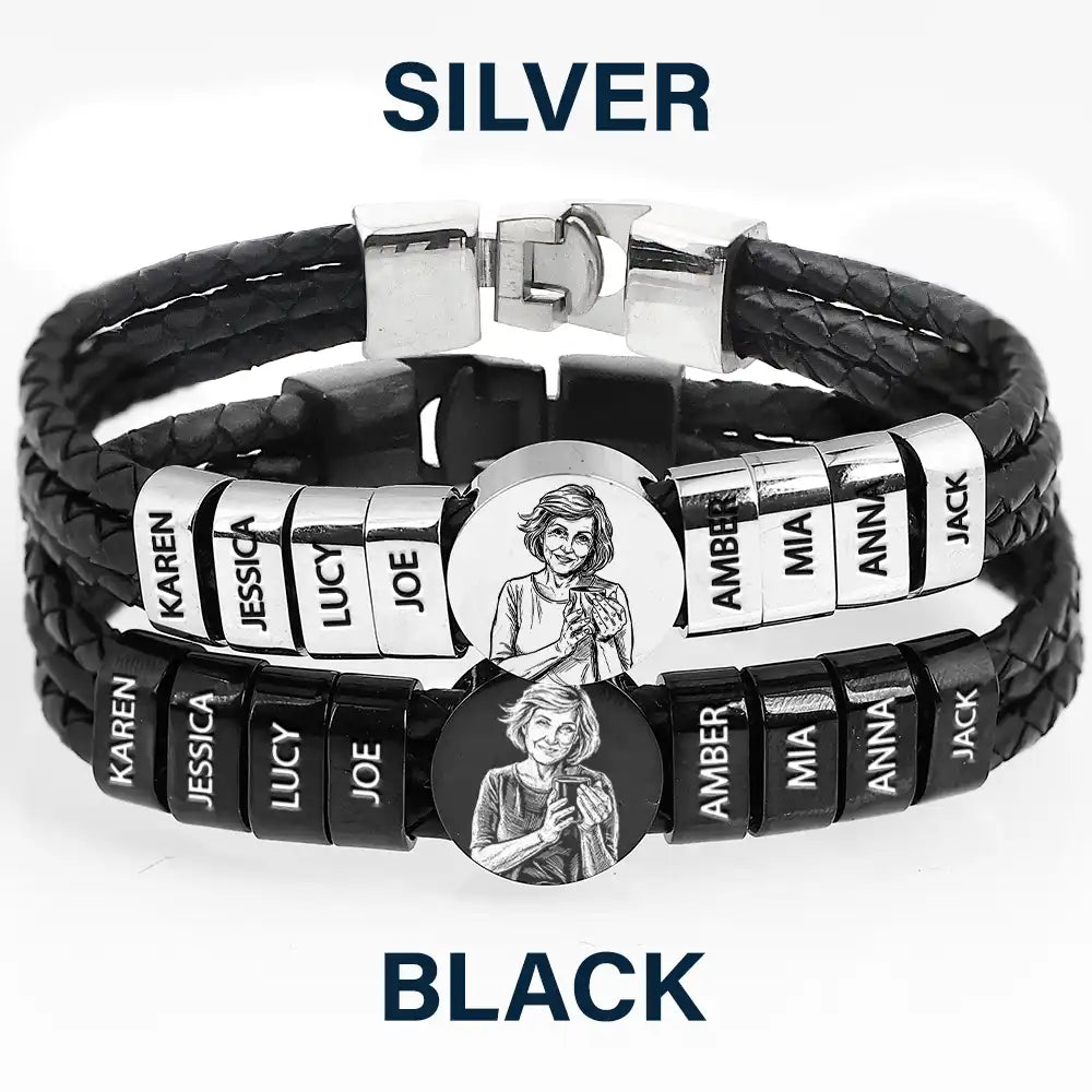 Gift For Father,Gift For Grandpa,Non-Eng,Photo - Pencil Sketch (Bold),Proud - Custom Photo Bold Sketch Best Dad Grandpa Ever Family Portrait - Personalized Leather Braided Bracelet
