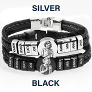 Gift For Father,Gift For Grandpa,Non-Eng,Photo - Pencil Sketch (Bold),Proud - Custom Photo Bold Sketch Best Dad Grandpa Ever Family Portrait - Personalized Leather Braided Bracelet