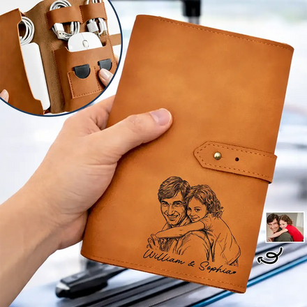 Custom Photo Bold Sketch Lovely Family Portrait - Personalized Leather Cable Bag