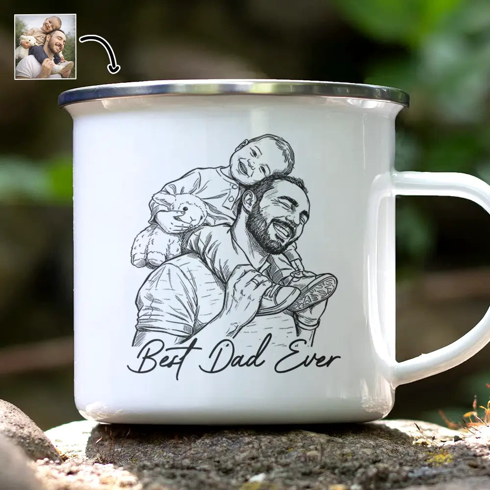 Gift For Father,Gift For Grandpa,Non-Eng,Photo - Pencil Sketch (Bold),Proud - Custom Photo Bold Sketch Best Dad Grandpa Ever Family Portrait - Personalized Enamel Mug