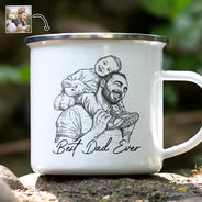 Gift For Father,Gift For Grandpa,Non-Eng,Photo - Pencil Sketch (Bold),Proud - Custom Photo Bold Sketch Best Dad Grandpa Ever Family Portrait - Personalized Enamel Mug