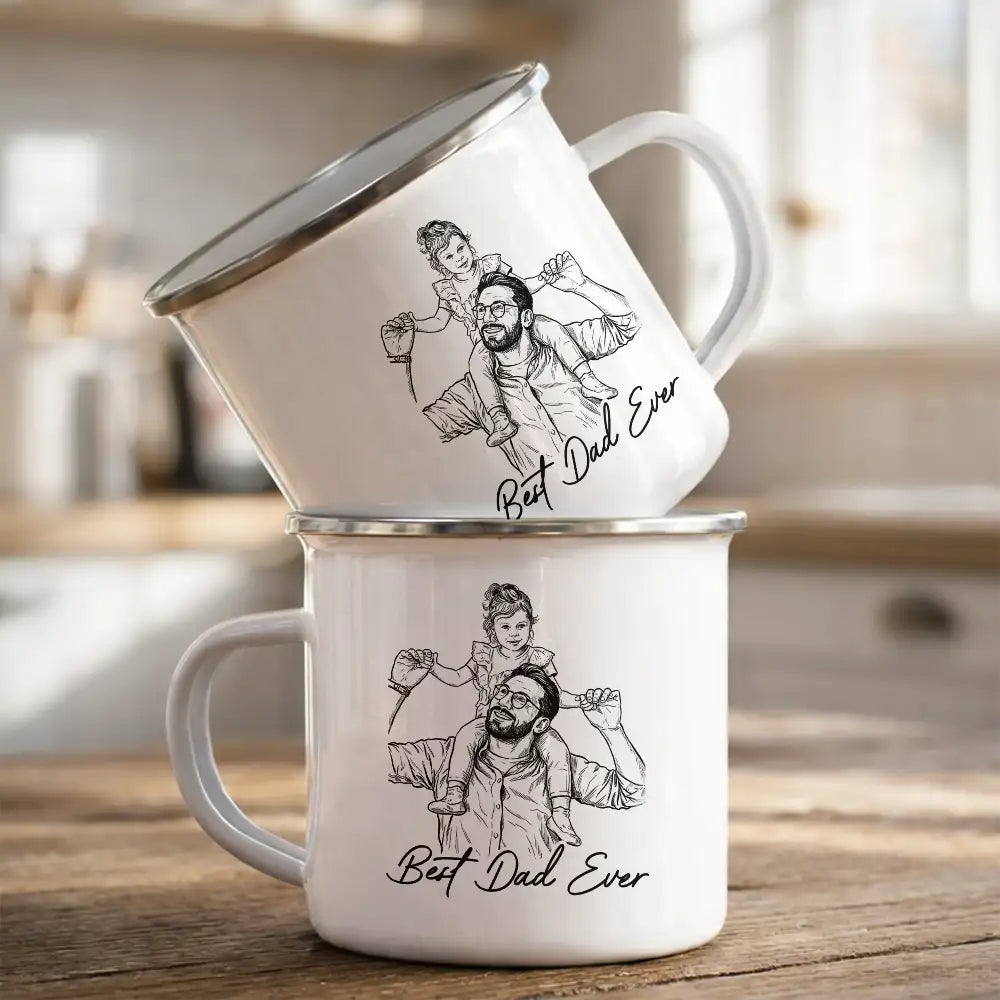Gift For Father,Gift For Grandpa,Non-Eng,Photo - Pencil Sketch (Bold),Proud - Custom Photo Bold Sketch Best Dad Grandpa Ever Family Portrait - Personalized Enamel Mug