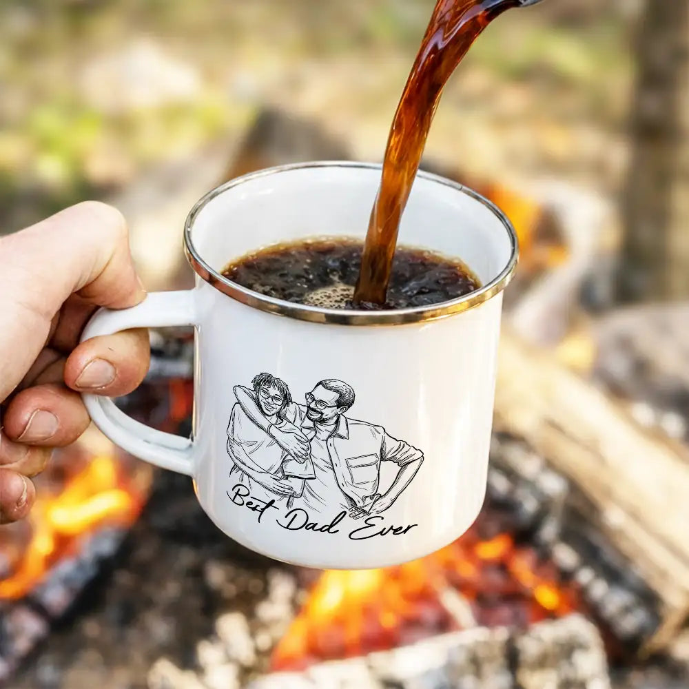 Gift For Father,Gift For Grandpa,Non-Eng,Photo - Pencil Sketch (Bold),Proud - Custom Photo Bold Sketch Best Dad Grandpa Ever Family Portrait - Personalized Enamel Mug
