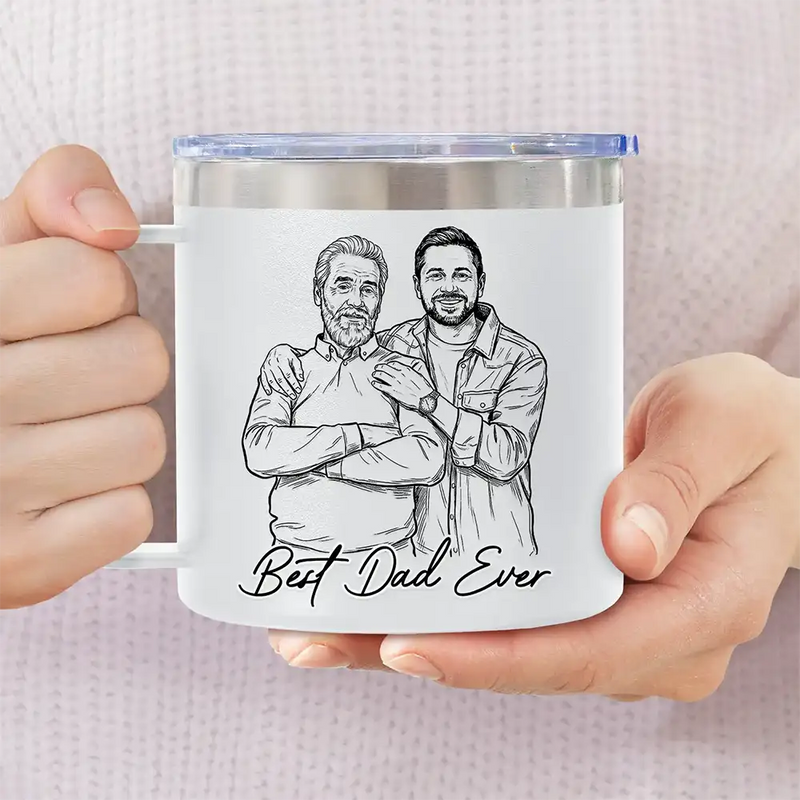 Gift For Father,Gift For Grandpa,Non-Eng,Photo - Pencil Sketch (Bold),Proud - Custom Photo Bold Sketch Best Dad Grandpa Ever Family Portrait - Personalized 14oz Stainless Steel Tumbler With Handle