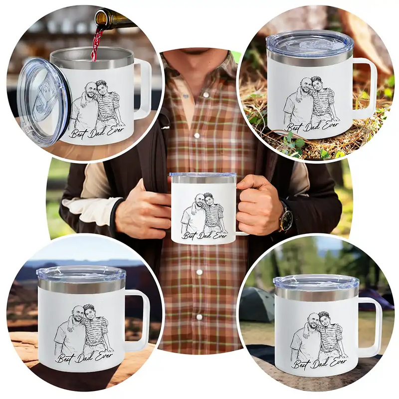 Gift For Father,Gift For Grandpa,Non-Eng,Photo - Pencil Sketch (Bold),Proud - Custom Photo Bold Sketch Best Dad Grandpa Ever Family Portrait - Personalized 14oz Stainless Steel Tumbler With Handle