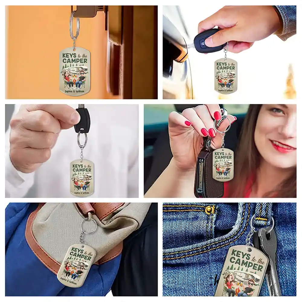 Camping,Campsite,Couple's Hobby,Happy,Gift For Couples - Keys To The Camper Camping Cartoon Couple - Personalized Aluminum Keychain
