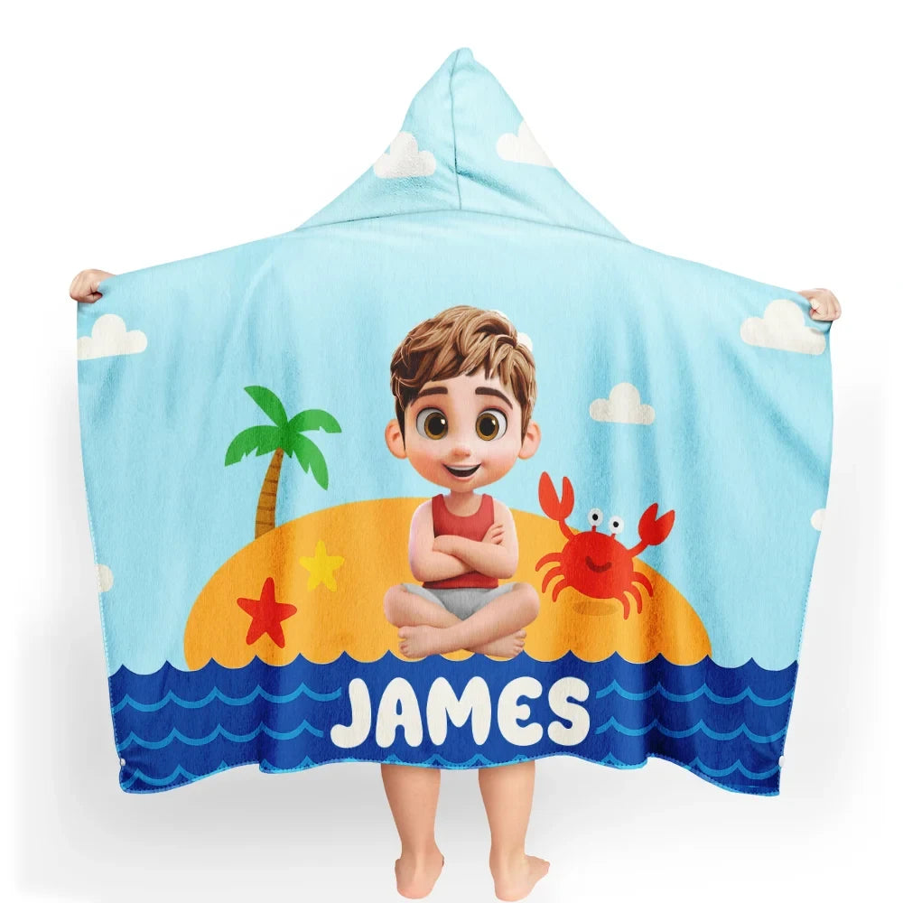Gift For Son, Gift For Daughter, Gift For Kids, Gift For Sibling, Gift For Sisters, Gift For Brothers, Beach, Happy, Summer - Kid Baby Sitting On The Beach - Personalized Hooded Beach Towel