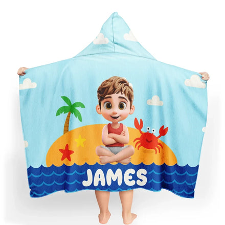 Kid Baby Sitting On The Beach - Personalized Hooded Beach Towel