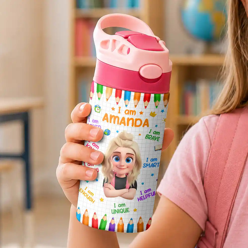 Adorable, Back To School, Gift For Kids, Vector - Kid Affirmation I Am Brave Kind Unique - Personalized Insulated Water Bottle With Straw