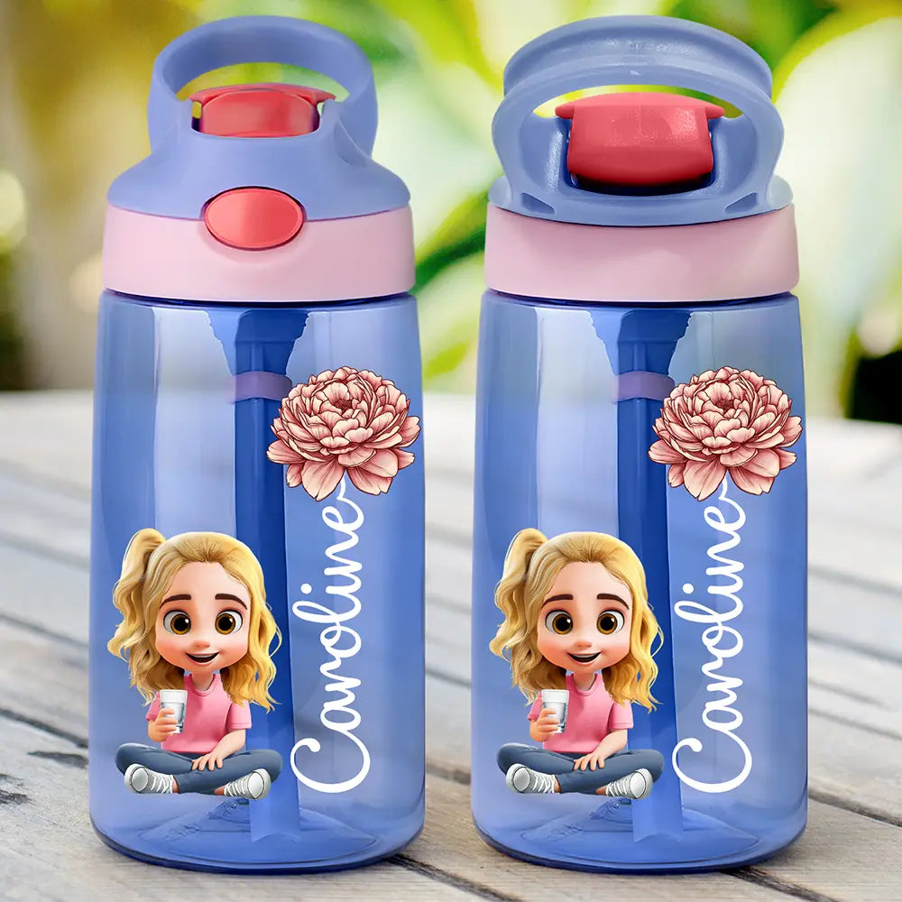 Gift For Kids,Gift For Grandkids,Happy,Back To School - Kid Baby Sitting Birth Flower - Personalized Kids Water Bottle With Straw
