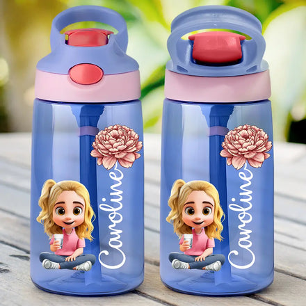 Kid Baby Sitting Birth Flower - Personalized Kids Water Bottle With Straw