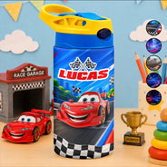 Adorable,Back To School,Gift For Kids,Vector - Kid Car Racing - Personalized Insulated Water Bottle With Straw