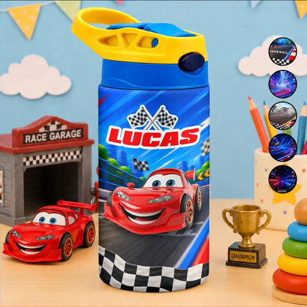 Kid Car Racing - Personalized Insulated Water Bottle With Straw
