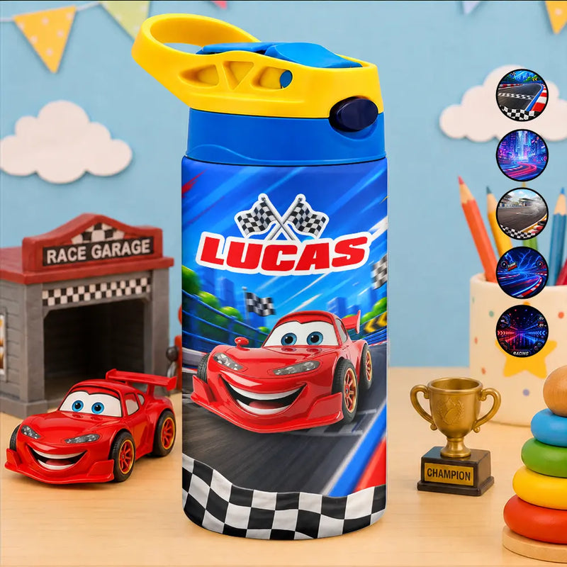 Adorable,Back To School,Gift For Kids,Vector - Kid Car Racing - Personalized Insulated Water Bottle With Straw