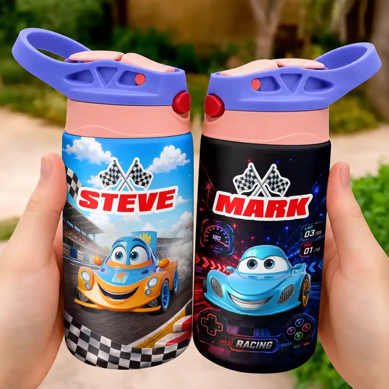 Adorable,Back To School,Gift For Kids,Vector - Kid Car Racing - Personalized Insulated Water Bottle With Straw