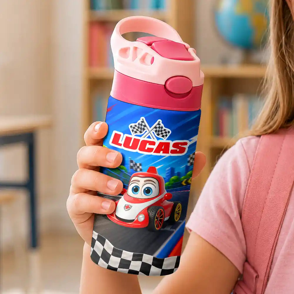 Adorable,Back To School,Gift For Kids,Vector - Kid Car Racing - Personalized Insulated Water Bottle With Straw