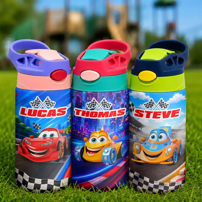 Adorable,Back To School,Gift For Kids,Vector - Kid Car Racing - Personalized Insulated Water Bottle With Straw