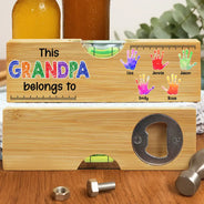 Gift For Grandpa, Gift For Father, Funny - Kid Handprint This Grandpa Daddy Belongs To - Personalized Bottle Opener Wood Level