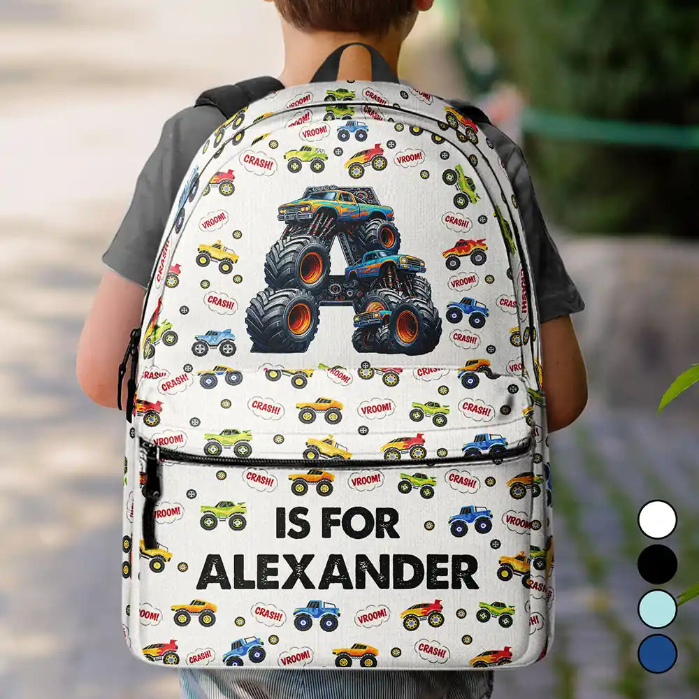 Kid Monster Truck Toy Container Monogram Initial - Personalized Canvas Backpack