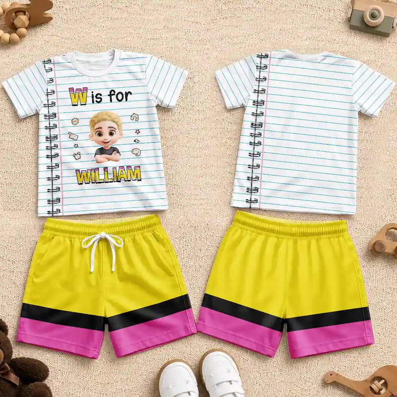 Adorable,Back To School,Gift For Kids,Vector - Kid Name With Paper & Pencil Design - Personalized Kids Clothing Set