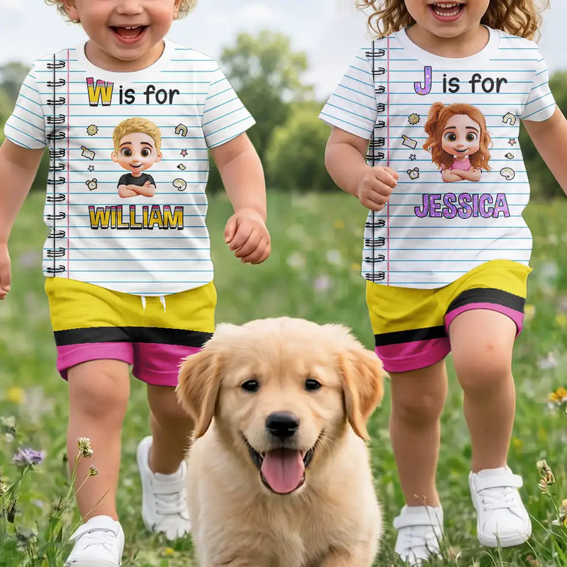 Adorable,Back To School,Gift For Kids,Vector - Kid Name With Paper & Pencil Design - Personalized Kids Clothing Set