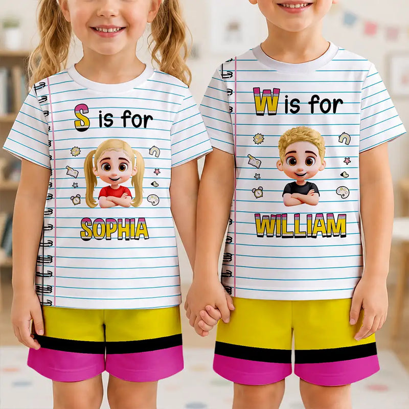 Adorable,Back To School,Gift For Kids,Vector - Kid Name With Paper & Pencil Design - Personalized Kids Clothing Set