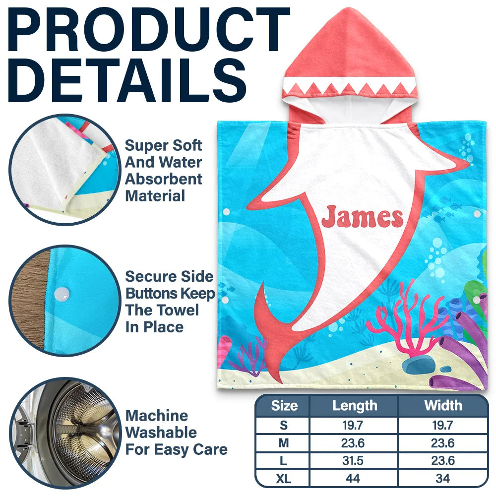 Gift For Kids,Beach,Summer,Adorable,Vector - Kid Ocean Shark With Name Summer - Personalized Kids Hooded Poncho Towel