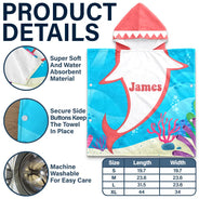 Gift For Kids,Beach,Summer,Adorable,Vector - Kid Ocean Shark With Name Summer - Personalized Kids Hooded Poncho Towel