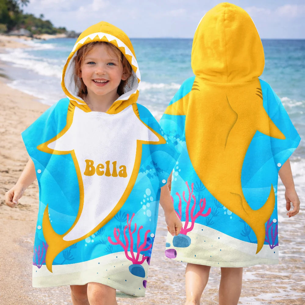 Gift For Kids,Beach,Summer,Adorable,Vector - Kid Ocean Shark With Name Summer - Personalized Kids Hooded Poncho Towel