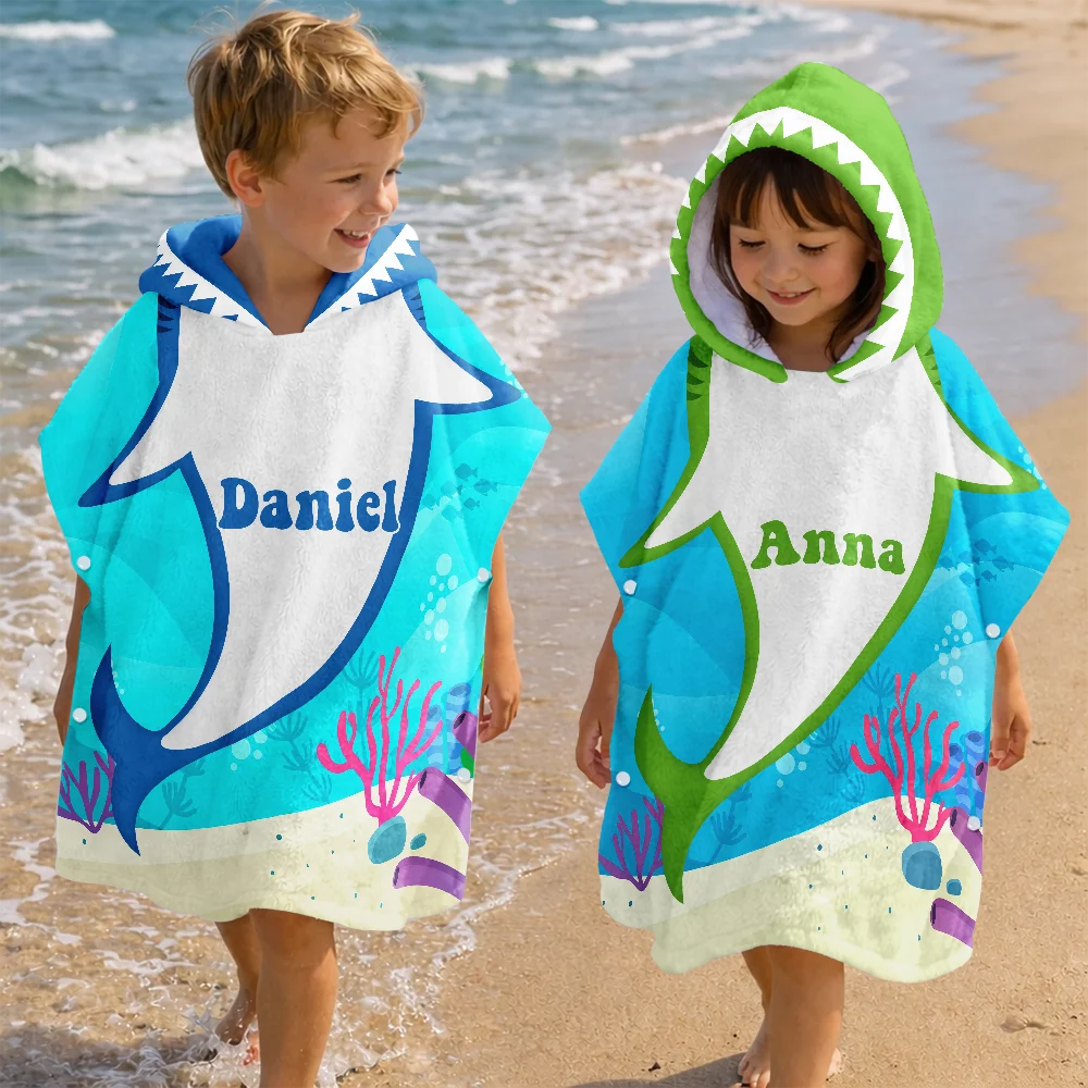 Gift For Kids,Beach,Summer,Adorable,Vector - Kid Ocean Shark With Name Summer - Personalized Kids Hooded Poncho Towel