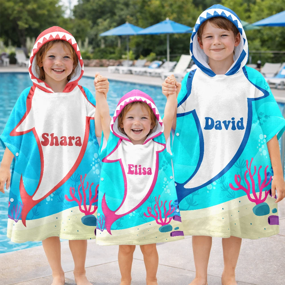 Gift For Kids,Beach,Summer,Adorable,Vector - Kid Ocean Shark With Name Summer - Personalized Kids Hooded Poncho Towel