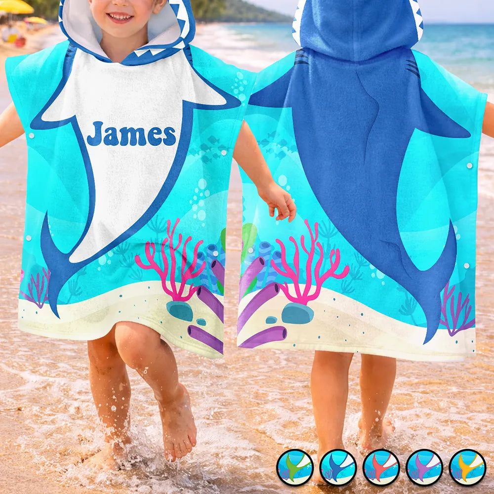 Gift For Kids,Beach,Summer,Adorable,Vector - Kid Ocean Shark With Name Summer - Personalized Kids Hooded Poncho Towel