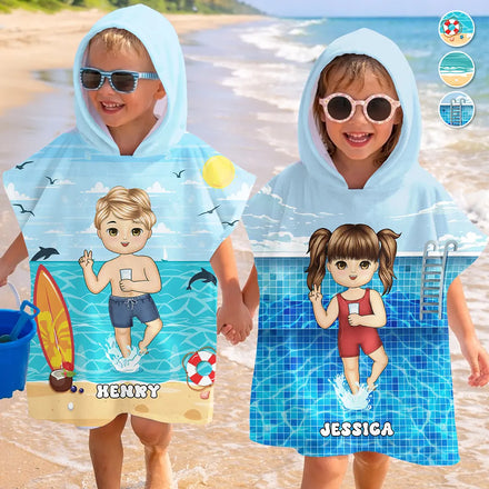 Kid On Beach And Pool Summer Trip 3D Cartoon - Personalized Kids Hooded Poncho Towel
