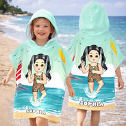 Gift For Kids, Beach, Summer, Adorable, Vector - Kid On Beach And Pool Summer Trip 3D Cartoon - Personalized Kids Hooded Poncho Towel