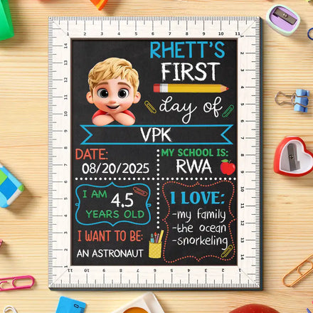 Kid Resting On Arms First Day Of School - Personalized School Sign