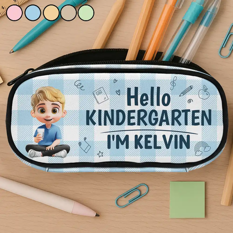 Gift For Kids, Back To School - Kid Siting Hello Kindergarten Grade - Personalized Pencil Case
