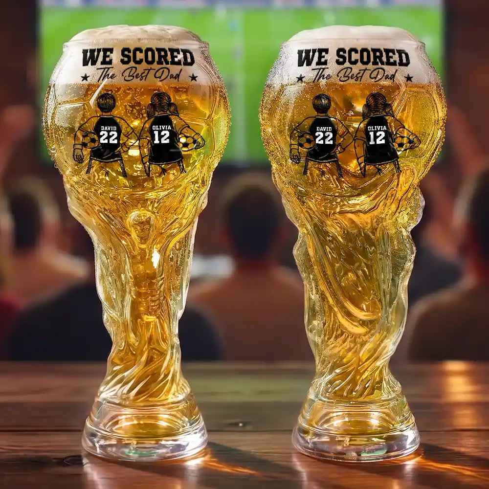 Gift For Father, Football (Soccer), Playful, Vector - Kids Backside Line Art We Scored The Best Dad - Personalized Beer Glass