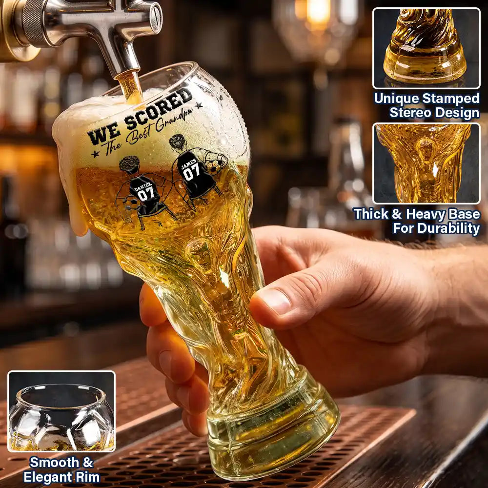Gift For Father, Football (Soccer), Playful, Vector - Kids Backside Line Art We Scored The Best Dad - Personalized Beer Glass