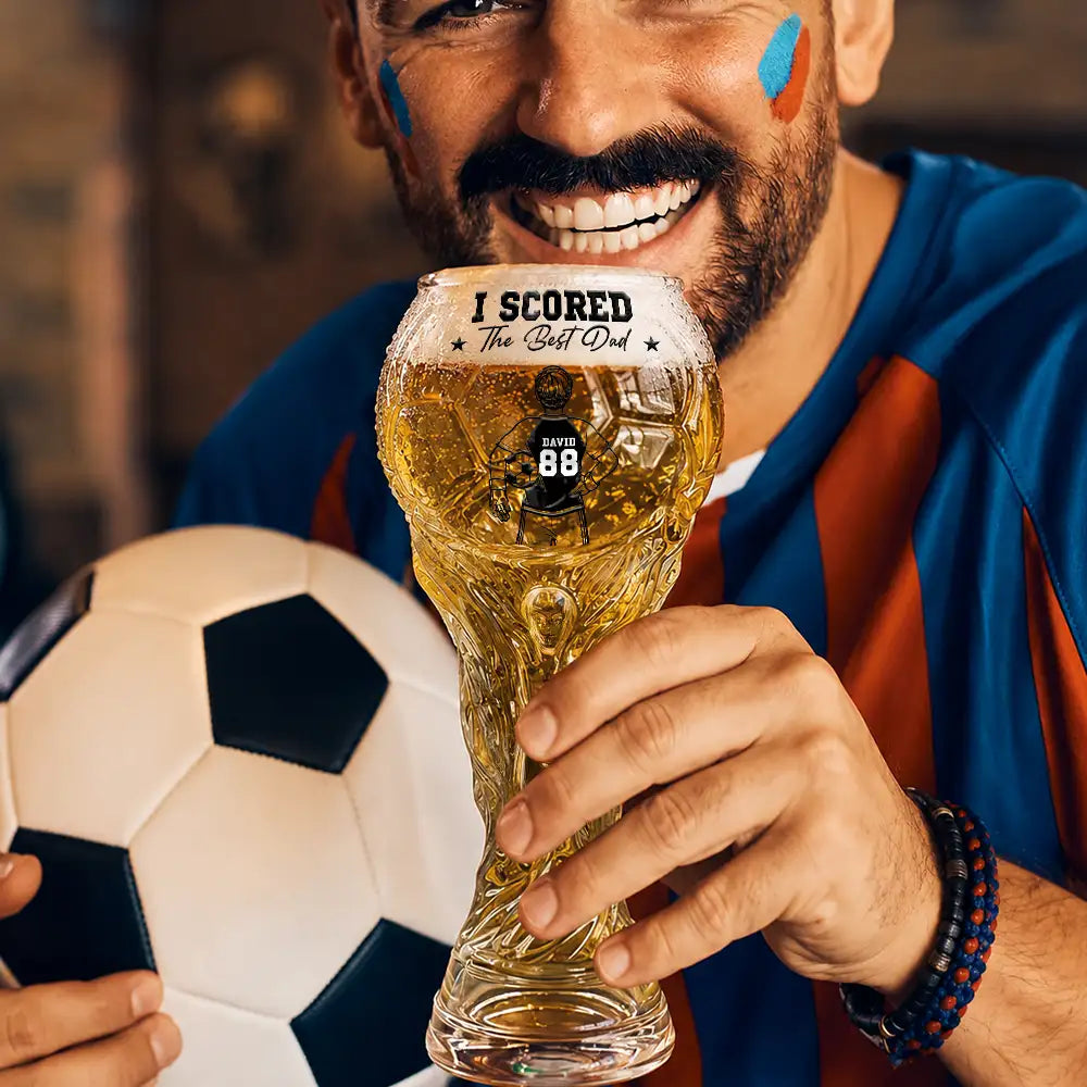 Gift For Father, Football (Soccer), Playful, Vector - Kids Backside Line Art We Scored The Best Dad - Personalized Beer Glass