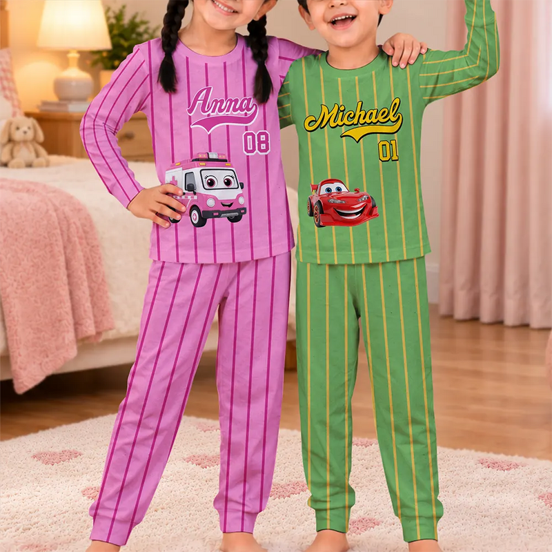 Baseball,Playful,Gift For Kids,Icon - Kids Car Vehicle Name & Number - Personalized Kid Pajamas Set