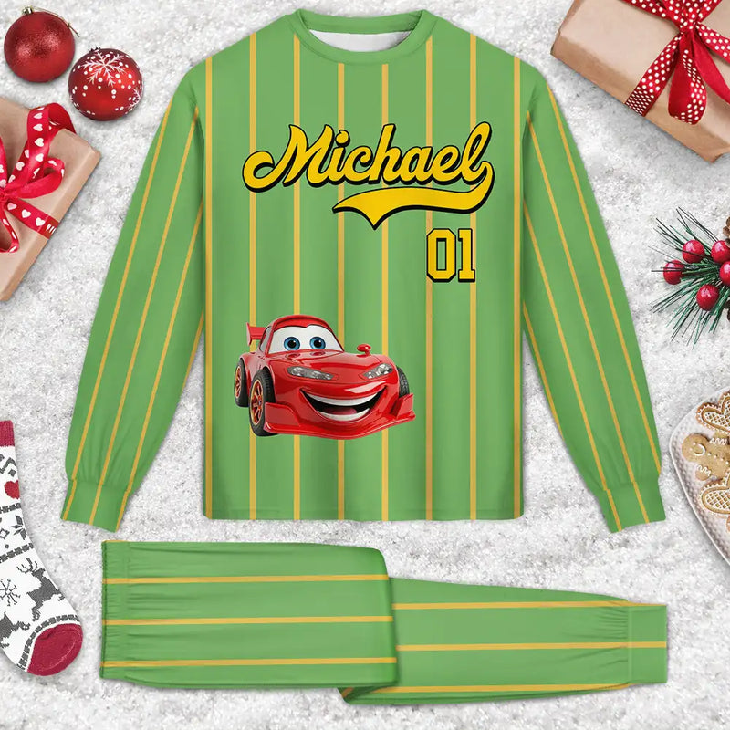 Baseball,Playful,Gift For Kids,Icon - Kids Car Vehicle Name & Number - Personalized Kid Pajamas Set