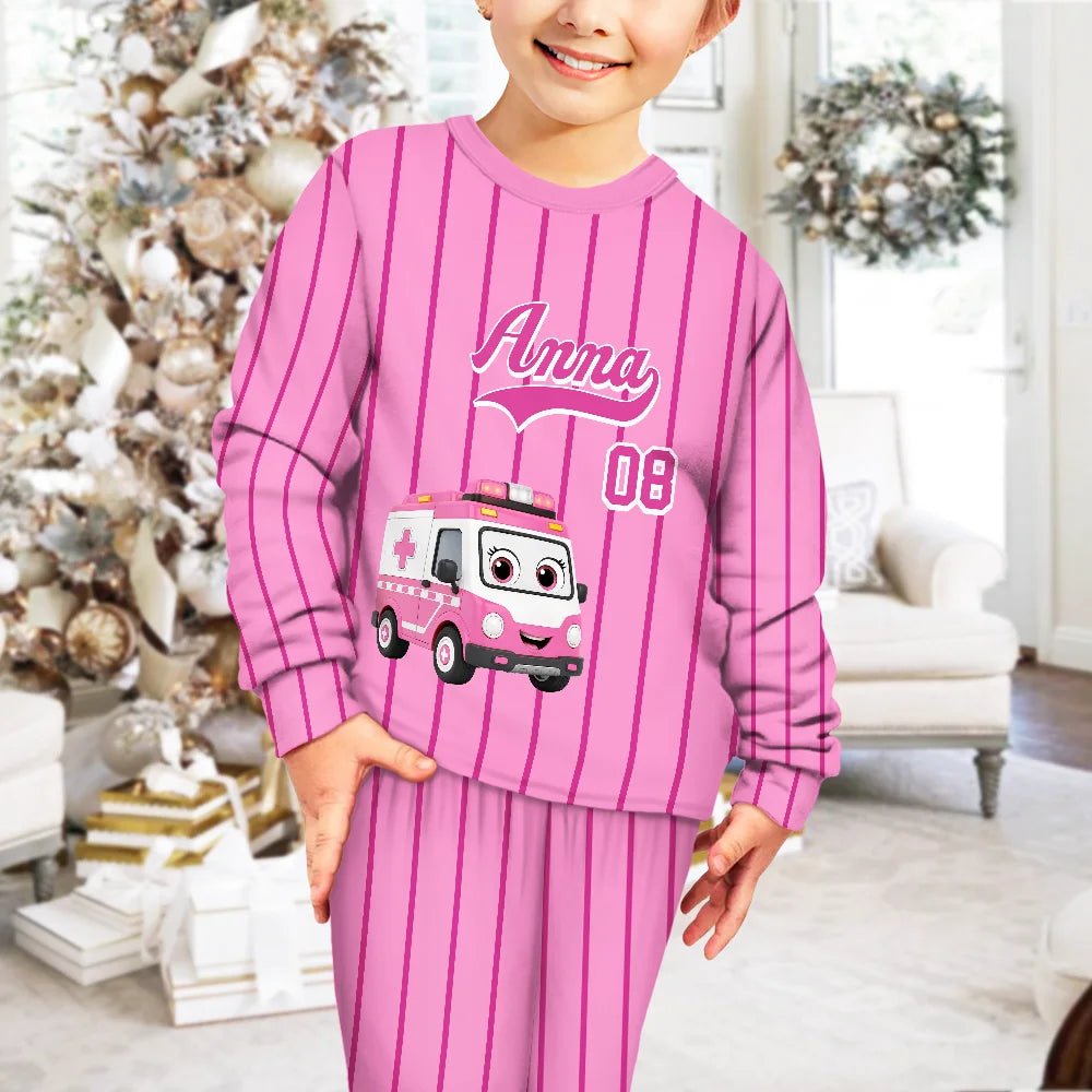 Baseball,Playful,Gift For Kids,Icon - Kids Car Vehicle Name & Number - Personalized Kid Pajamas Set