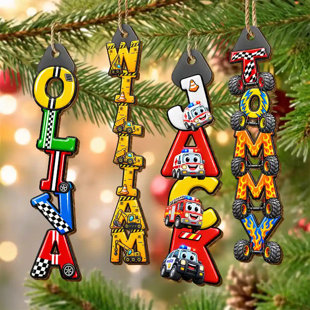 Kids Name Dinosaur Monster Truck Race Car Gift For Boy - Personalized Custom Shaped Wooden Ornament