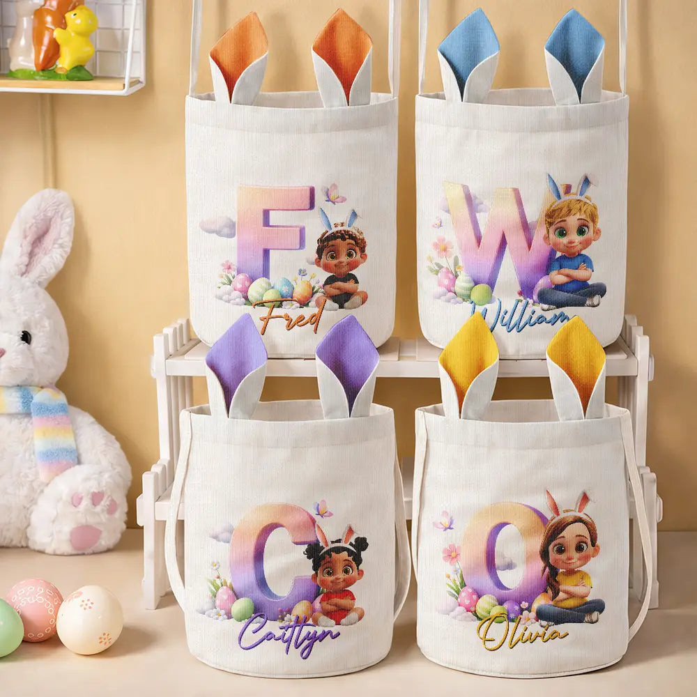 Grandpa - Grandkids,Gift For Kids,Grandma - Grandkids,Gift For Grandkids,Dad - Children,Mom - Children,Parents,Easter - Kids Sitting With Easter Alphabet Letters - Personalized Bunny Ears Bucket Bag