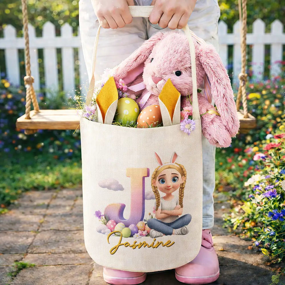 Grandpa - Grandkids,Gift For Kids,Grandma - Grandkids,Gift For Grandkids,Dad - Children,Mom - Children,Parents,Easter - Kids Sitting With Easter Alphabet Letters - Personalized Bunny Ears Bucket Bag