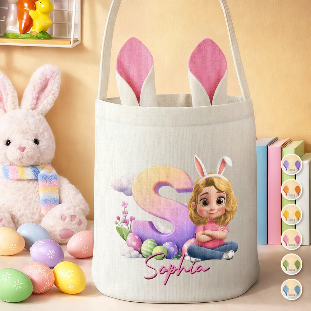 Grandpa - Grandkids,Gift For Kids,Grandma - Grandkids,Gift For Grandkids,Dad - Children,Mom - Children,Parents,Easter - Kids Sitting With Easter Alphabet Letters - Personalized Bunny Ears Bucket Bag