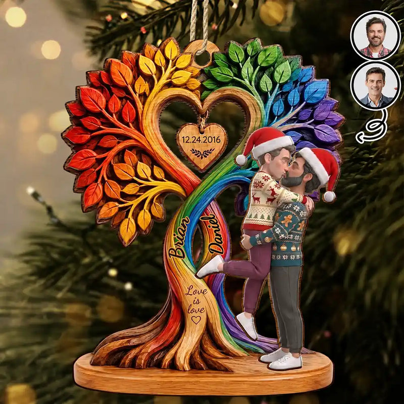 Anniversary,Christmas,Romantic,Gift For Couples,Vector - Kissing Couple Under Heart Tree - Personalized 2-Layered Wooden Ornament